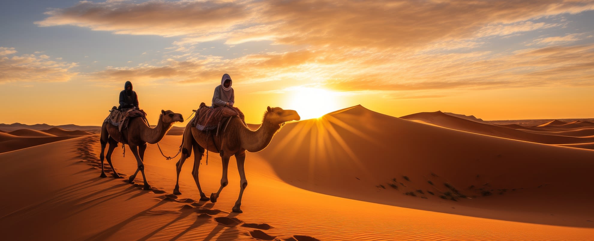 Image of a desert in Dubai, with two people riding camels. 