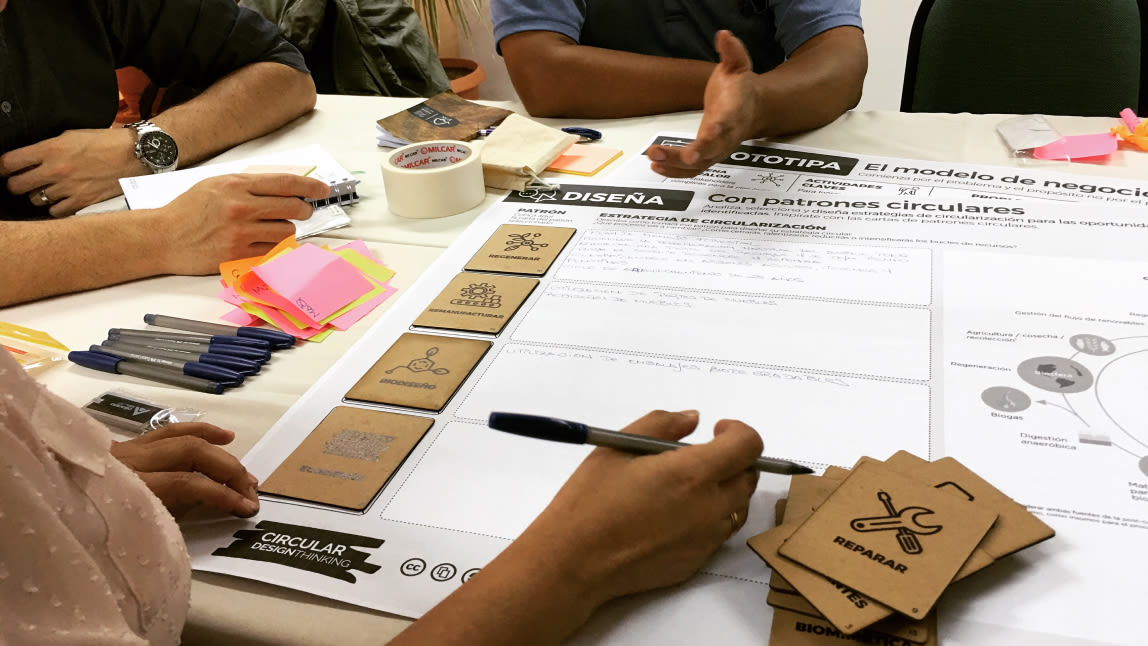 Group of people writing on large sheet of paper