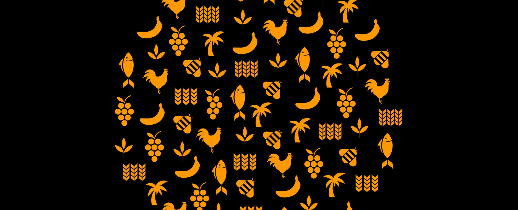 A collection of food icons in orange such as plants, grapes, bananas, chicken, and corn