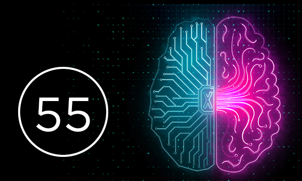 Illustration of pink and blue brain on black background with '55' in bottom left