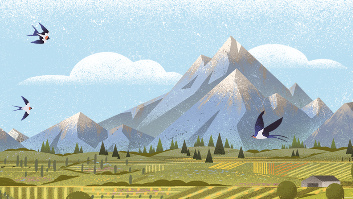 illustration of mountains and fields