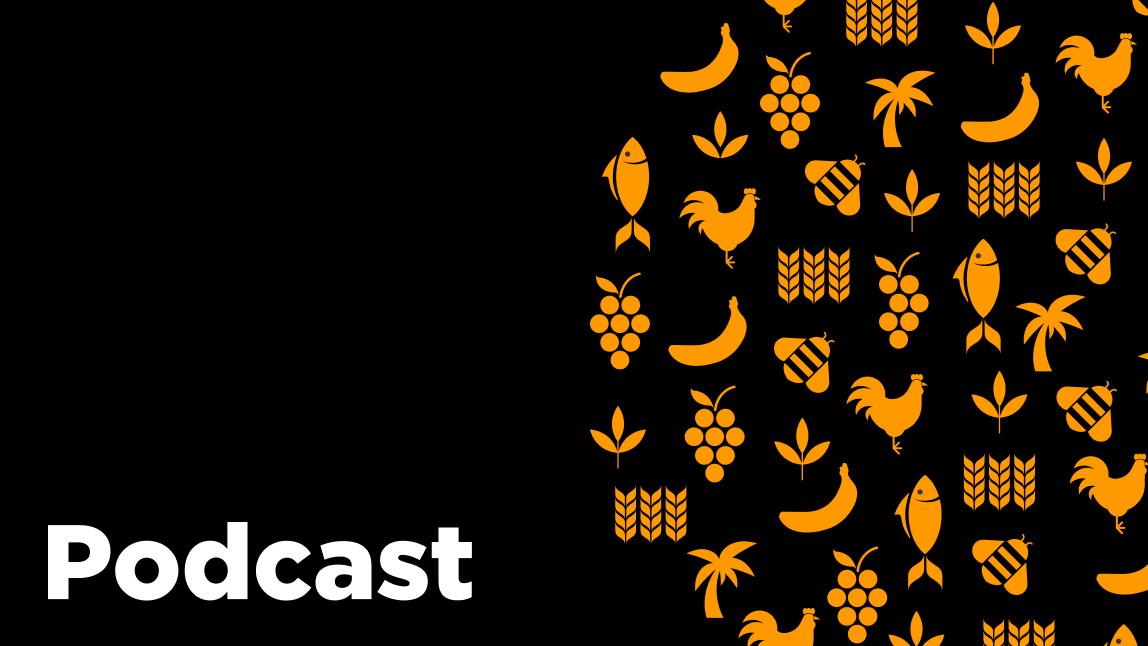 The word podcast is written in white on black background. A collection of food icons in orange such as plants. grapes, bananas, chicken, and corn. 