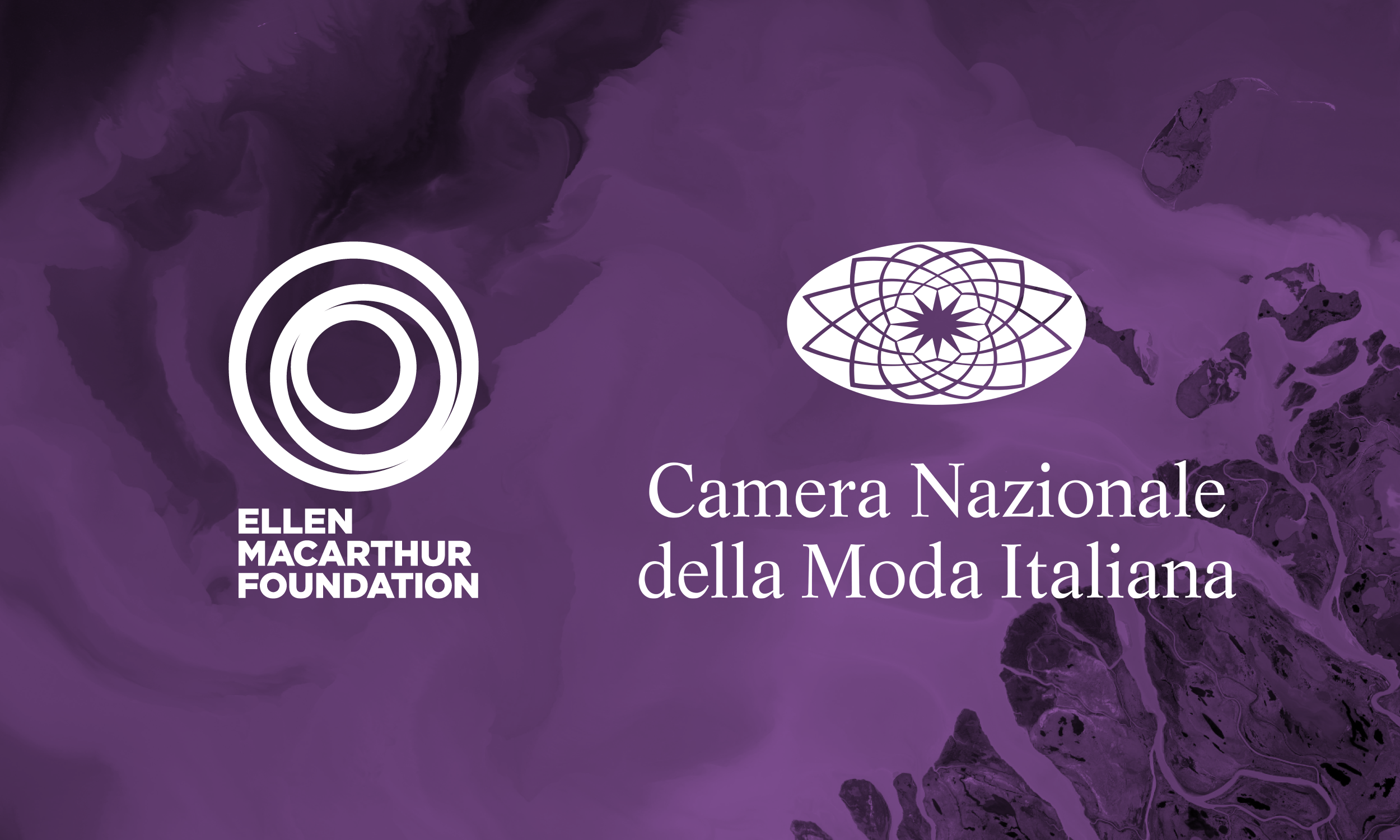 Abstract purple background with Ellen MacArthur Foundation logo and Camera Nazionale della Moda Italiana logo
